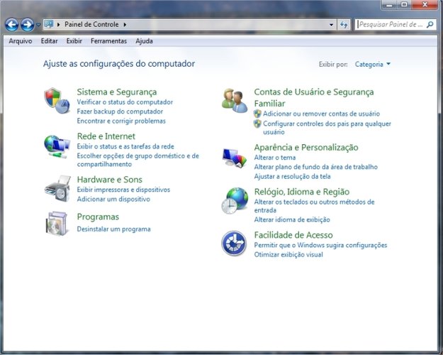 Opções de segurança no Painel de Controle