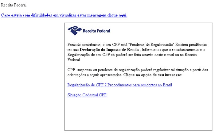 Email falso utilizando o nome da Receita Federal. Fuja dele!