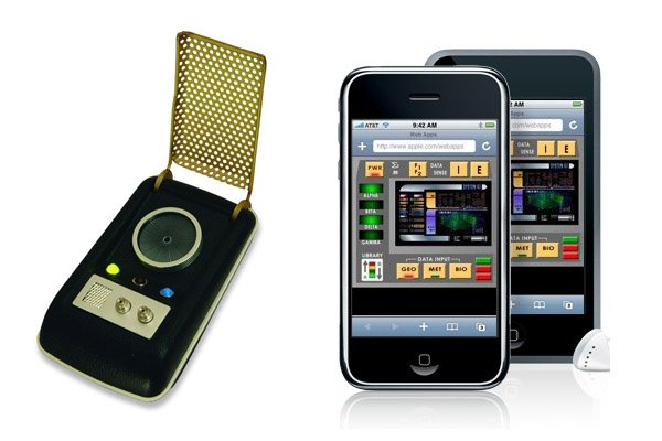 Comunicador de Star Trek e iPhone com app tricorder. Imagens: Trekbrasilis/Divulgação.