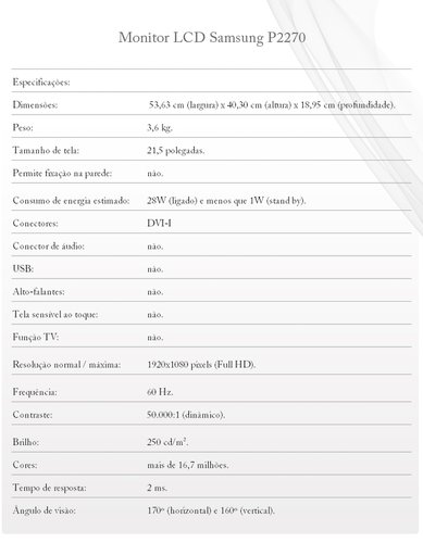 Especificações técnicas do produto.