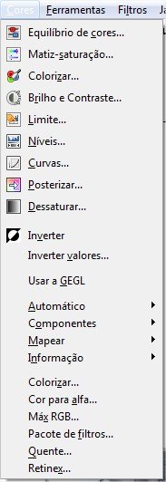 O GIMP possui um   menu exclusivo para as cores!