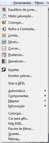 O GIMP possui um   menu exclusivo para as cores!