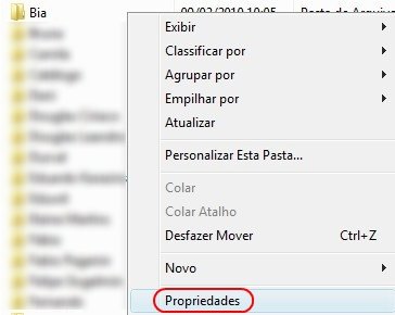Clique em propriedades para editar a pasta