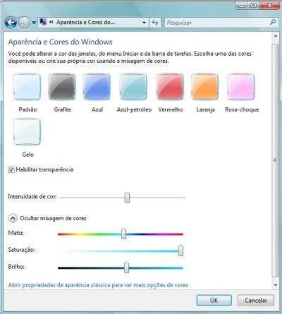 Aparência e cores do Windows