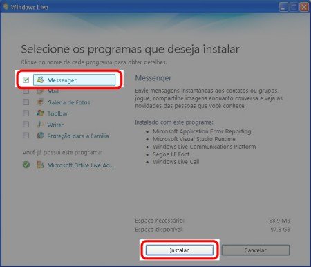 Selecione o Messenger na instalação
