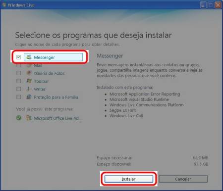 Selecione o Messenger na instalação