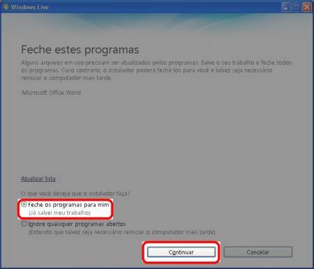 Feche os programas