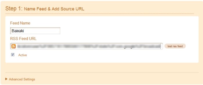 Use a URL copiada para configurar o feed no Twitterfeed.
