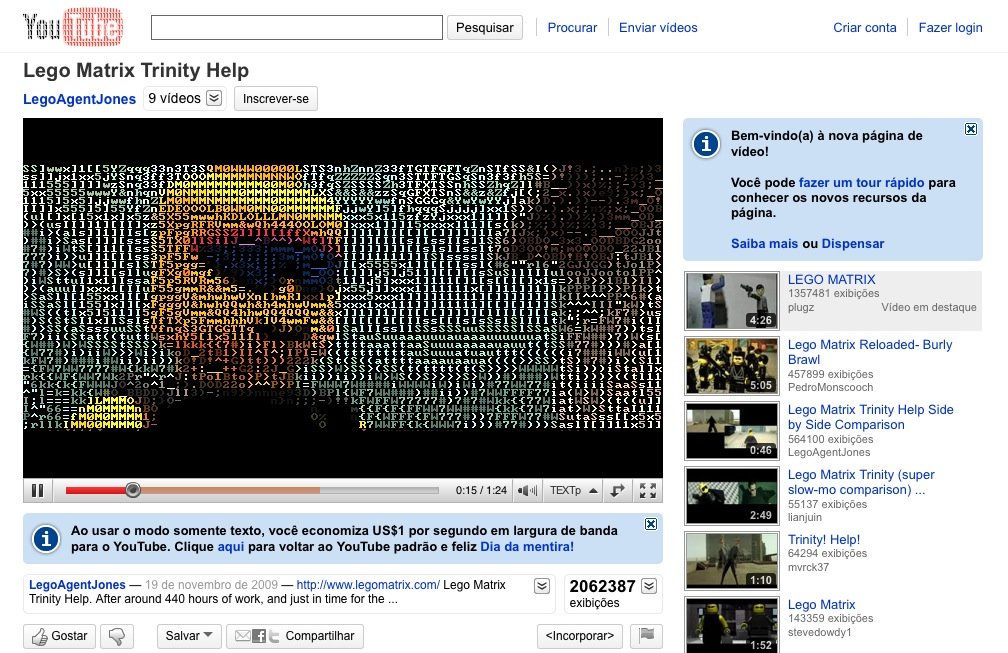 YouTube com ASCII durante a versão TEXTp.