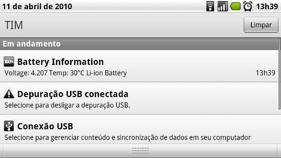 Notificações de sincronismo USB