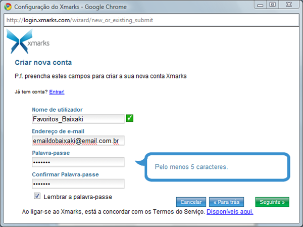 Fromulário de criação de conta no XMarks