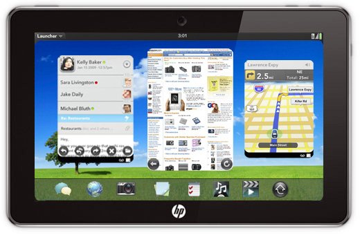 Montagem do Baixaki do WebOS em um HP Slate, mostrando os cartões de aplicativo