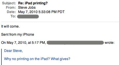 Suposto email do Steve Jobs, sobre impressão no iPad.