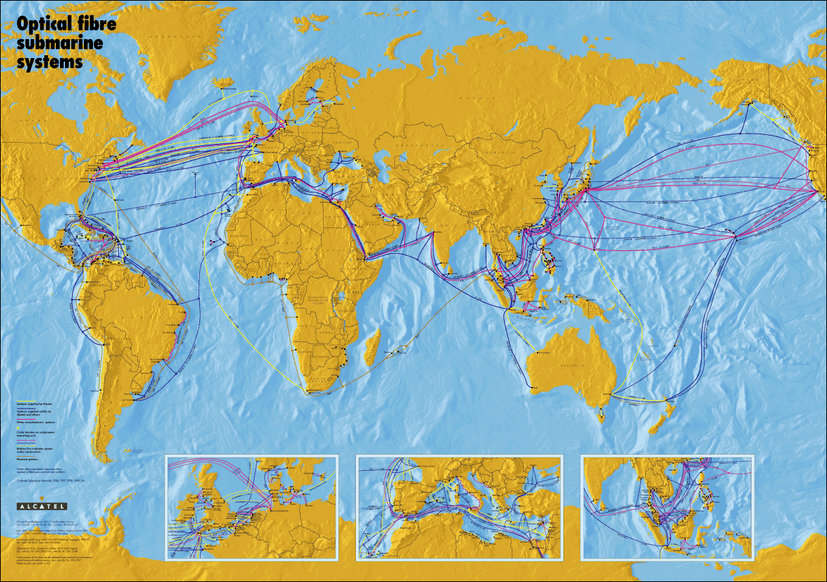 Mapa da Alcatel mostrando todos os cabos submarinos instalados atualmente
