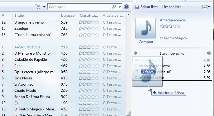 Arrastando músicas para as listas