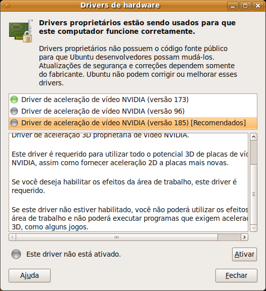 Drivers NVIDIA instalados e recomendados pelo Ubuntu par ao PC Linux do Baixaki