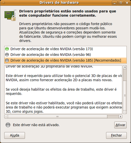 Drivers NVIDIA instalados e recomendados pelo Ubuntu par ao PC Linux do Baixaki