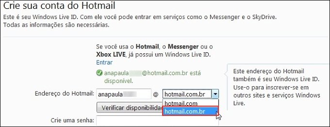 Selecionando a opção hotmail.com.br