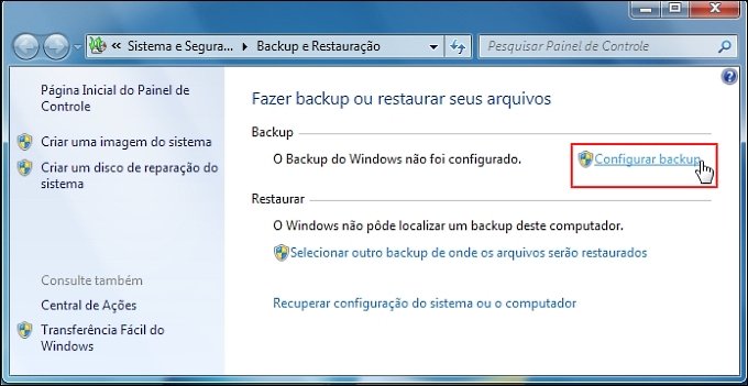 Iniciando as configurações de Backup