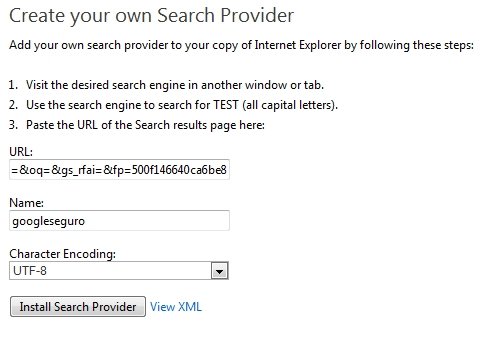 Menu de configuração de buscas do Internet Explorer.