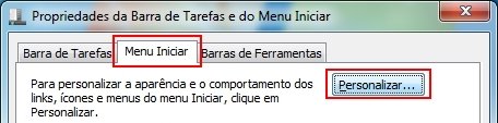 Na aba Menu Iniciar, clique em Personalizar.