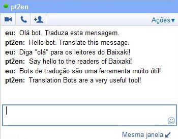 Bot traduzindo mensagens em português para inglês.