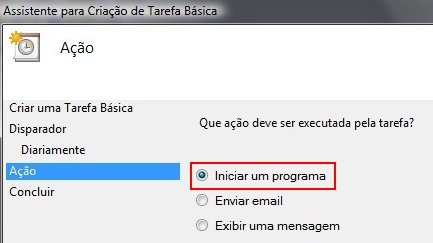 Escolha iniciar um programa, no caso o Synctoy