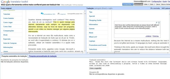 Translation Toolkit em ação