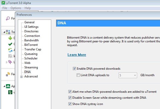 Opções do DNA dentro do uTorrent.