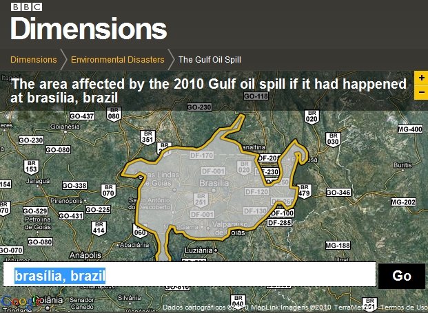 Brasília é apenas um pontinho sob a área atingida pelo vazamento de óleo no Golfo do México.