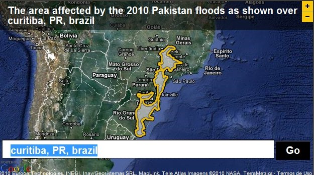 A área atingida pelas enchentes no Paquistão tendo Curitiba, no Paraná, como centro.