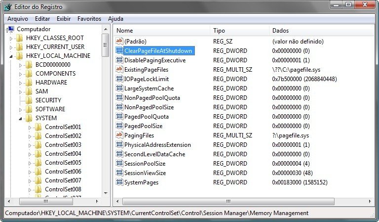 Siga o caminho até a opção ClearPageFileAtShutdown