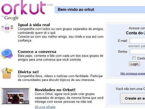 Nova página inicial do Orkut.