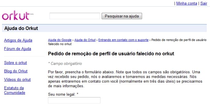 O formulário para exclusão de um perfil do Orkut.