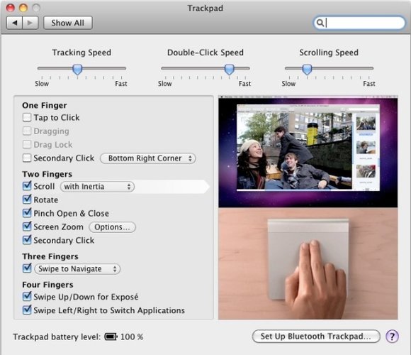 Painel de configurações do Magic Trackpad