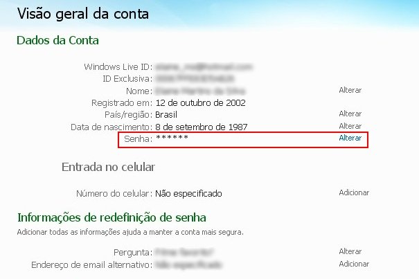 Tela com as informações da conta do usuário