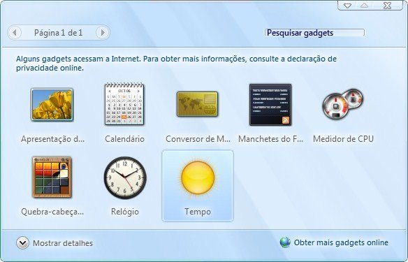 Galeria com os widgets do Windows 7