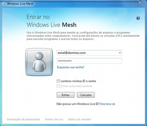 Informe os dados da sua conta do Windows Live