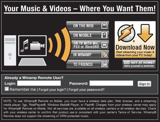 Site do Winamp Remote. Acesse suas músicas em qualquer lugar.