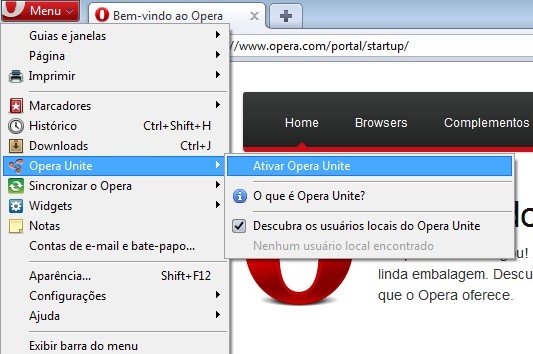 Ativação do Opera Unite no seu navegador.