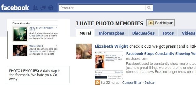 Eu odeio o Photo Memories, diz o espaço no Facebook.