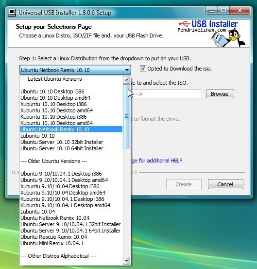 Seleção de distribuição Linux no Universal USB Installer