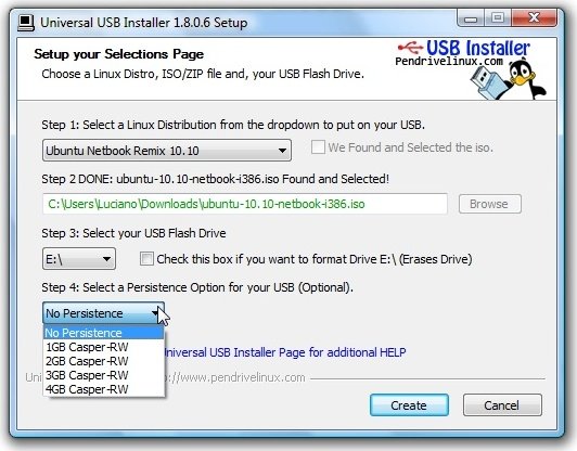 As opções de persistência do Universal USB Installer