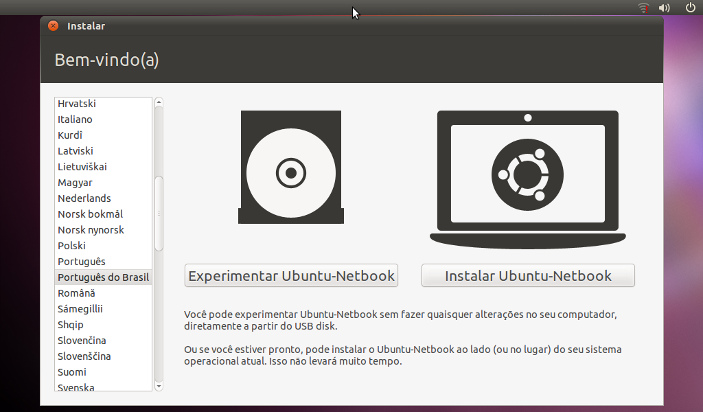 Tela inicial do Ubuntu Netbook para teste ou instalação do sistema