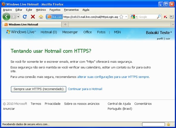 HTTPS automático na sua conta do hotmail