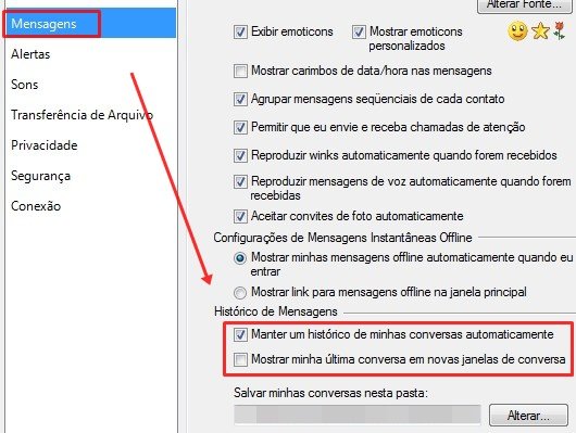 Na guia Mensagens, selecione as caixas marcadas