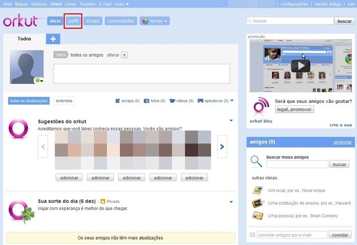 Página inicial do Orkut