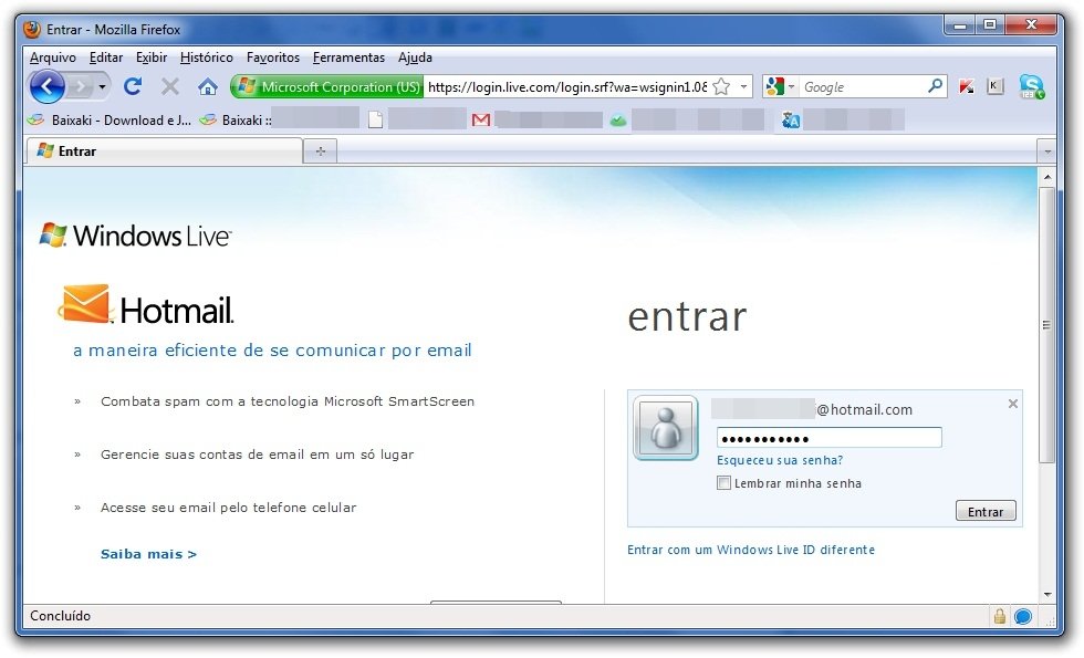 Tirando a página inicial do Windows Live do Hotmail