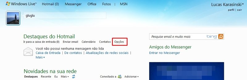 Tirando a página inicial do Windows Live do Hotmail