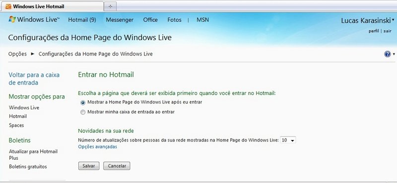 Tirando a página inicial do Windows Live do Hotmail